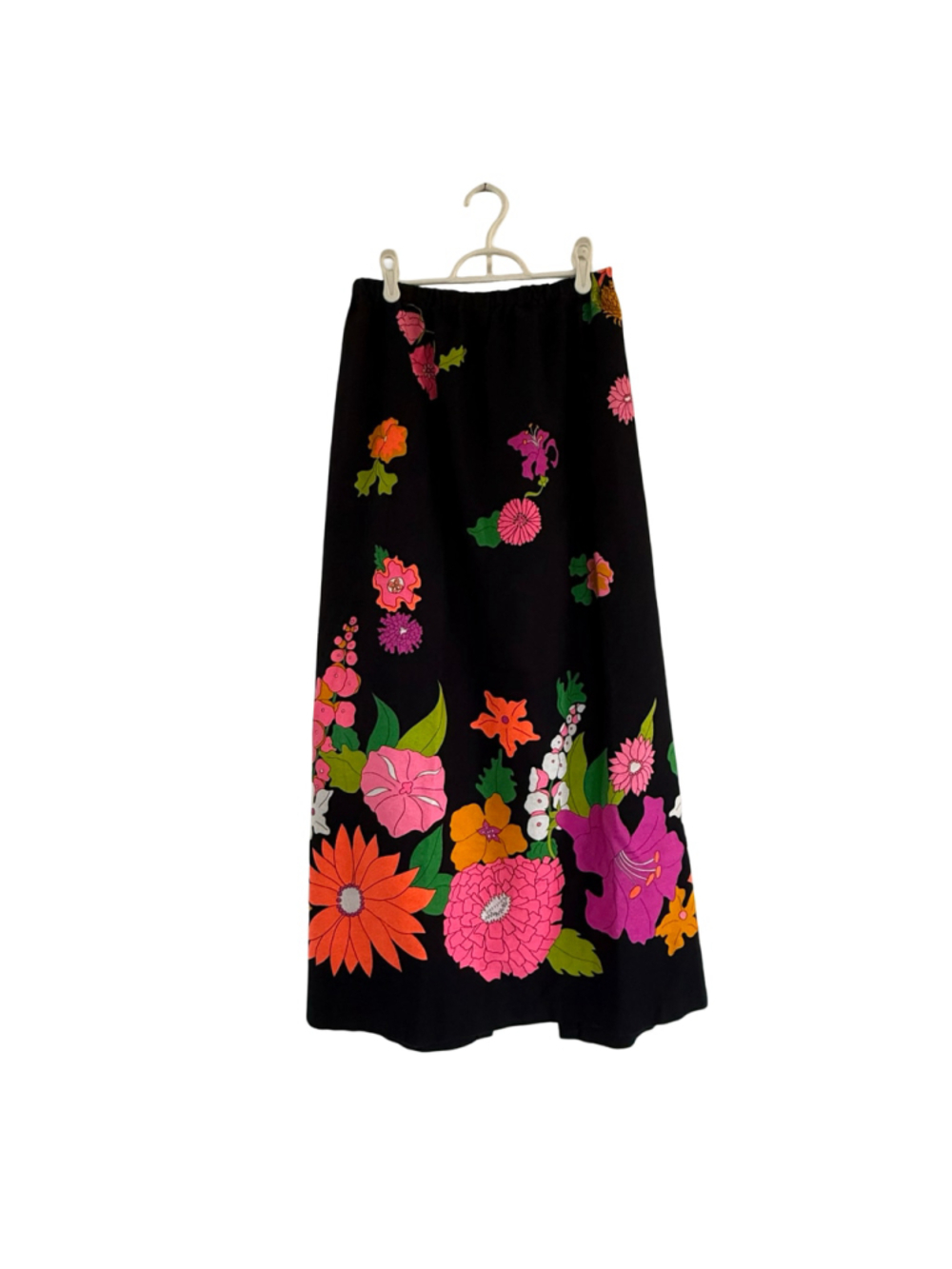 Vintage 60s 70s Alice Polynesian Fashions Floral Maxi Skirt Black Bright Mod